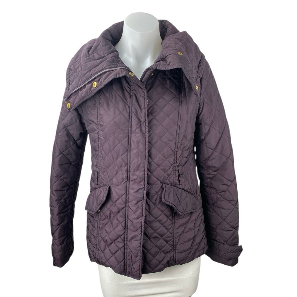 Elie Tahari Quilted Cabin Brown Full Zip Button Winter Puffer Coat Jacket Size S